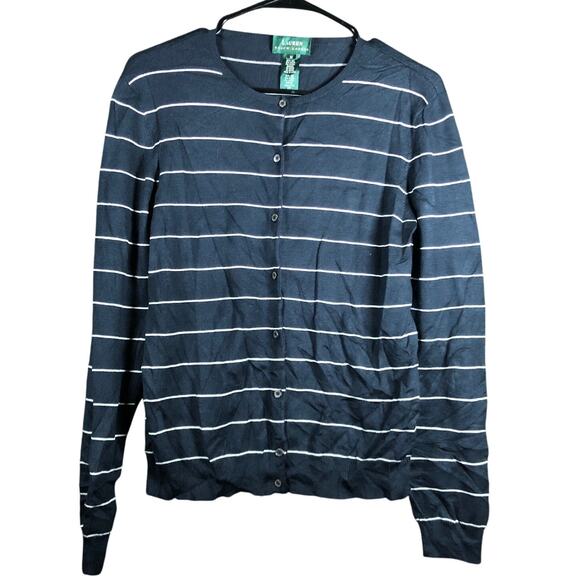 Ralph Lauren Womens Sweater Navy White Stripe Button Front Silk Blend Stretch M - Picture 1 of 11
